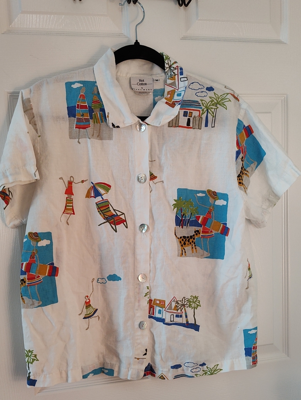Hot Cotton White Beach Print Short-Sleeve Shirt